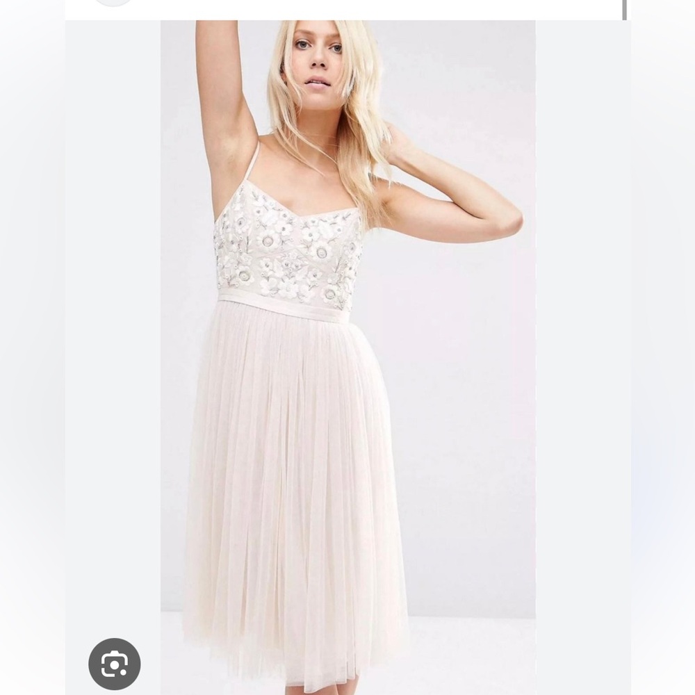 Needle & Thread Embroidered Midi Dress in Dust Petal Pink (Size 8)